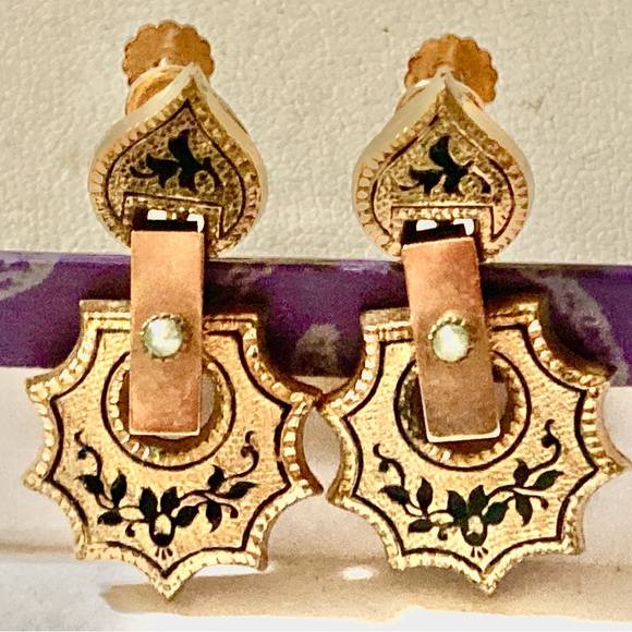 Antique Victorian 12k Gold Filled Earrings Black Enamel...